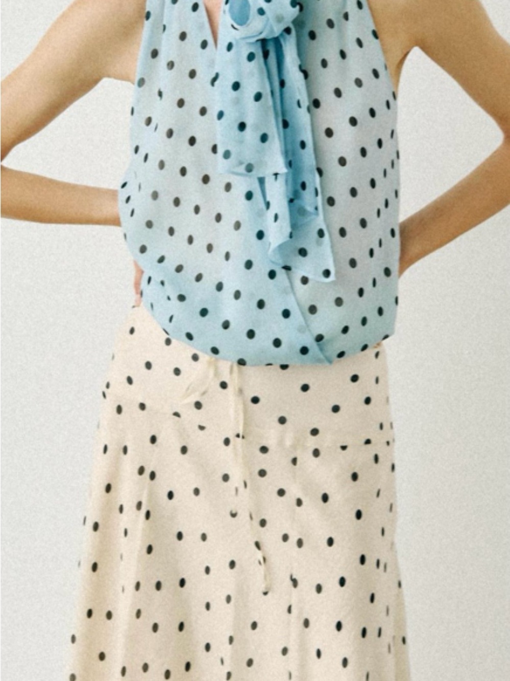 Zara blue/Black Polka Dot tie neck top